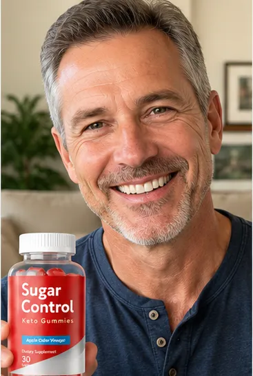 'A close-up of a smiling, middle-aged man with graying hair holding a bottle of Sugar Control Keto Gummies with Apple Cider Vinegar in the foreground.'