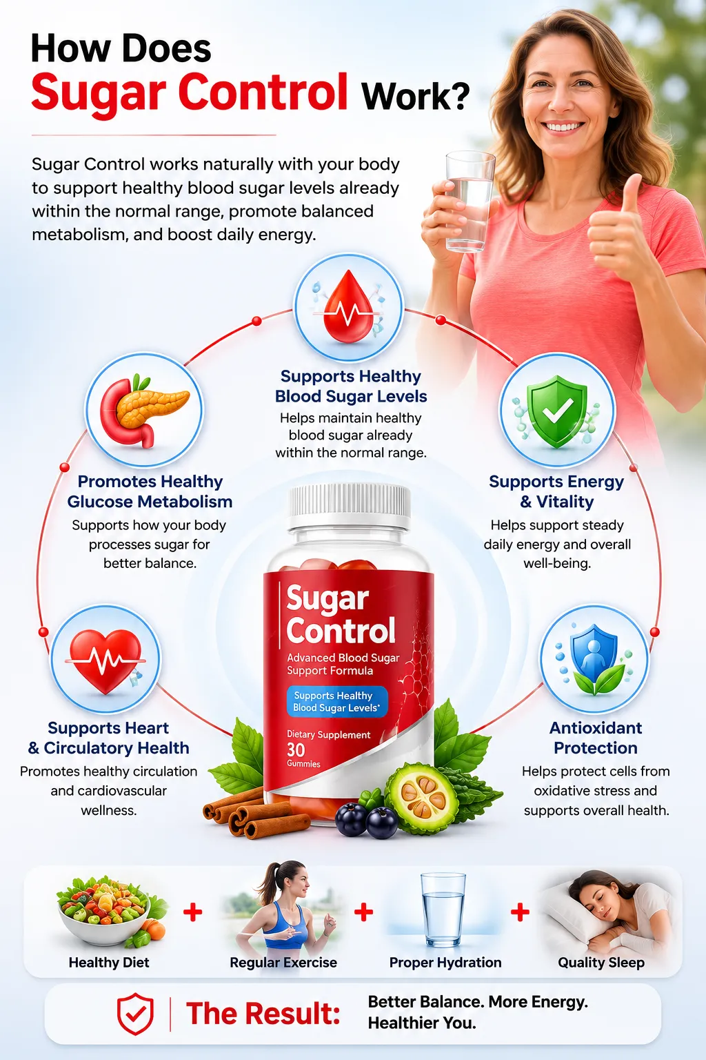 'An infographic detailing how the Sugar Control dietary supplement works, featuring a central product bottle surrounded by icons for glucose metabolism, heart health, blood sugar support, energy, and antioxidant protection, with a smiling woman giving a thumbs up at the top.'
