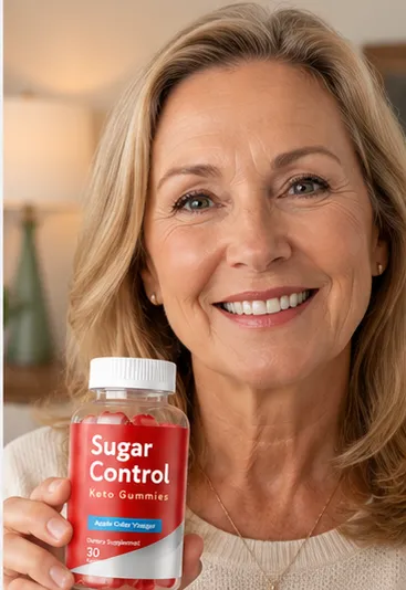 'A close-up portrait of a smiling middle-aged blonde woman holding a clear plastic bottle containing red Sugar Control Keto Gummies.'