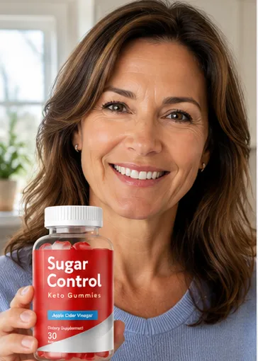 'A smiling woman with brown hair holding up a clear plastic bottle of Sugar Control Keto Gummies with Apple Cider Vinegar in the foreground.'