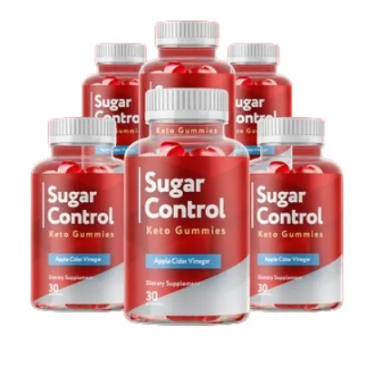 Visivra-Official-Website A collection of six red bottles of 'Sugar Control Keto Gummies' dietary supplement arranged in a pyramid formation. Each bottle features a clear cap and a label indicating that it contains Apple Cider Vinegar and 30 gummies.