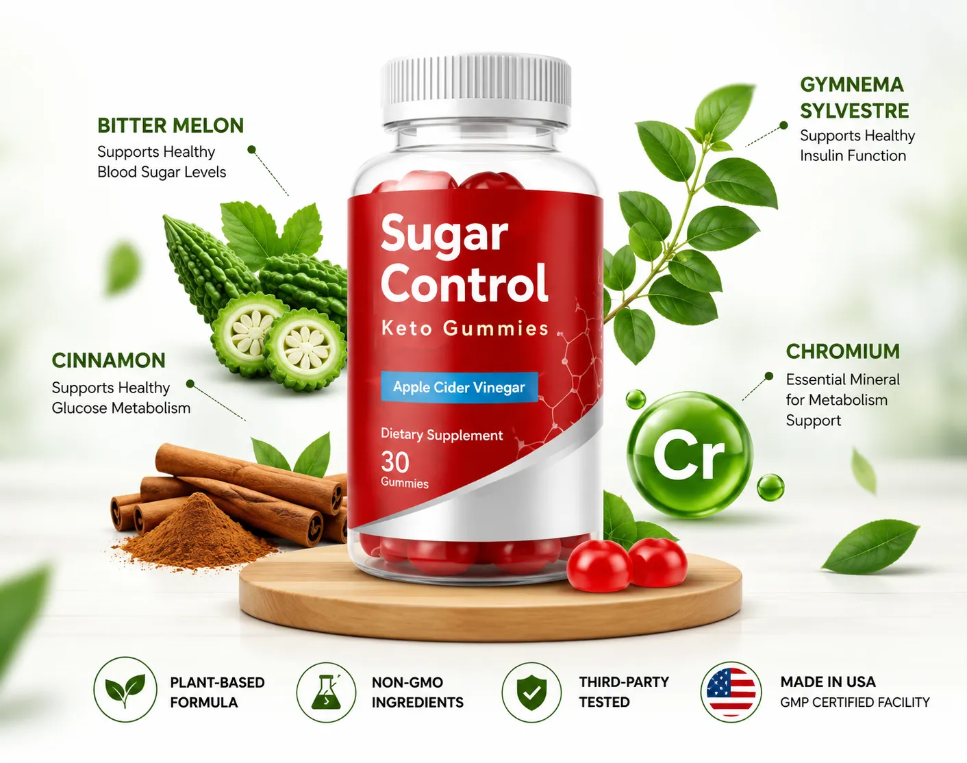 'An advertisement graphic displaying a bottle of Sugar Control Keto Gummies sitting on a wooden round stand, surrounded by its highlighted ingredients including bitter melon, cinnamon sticks, gymnema sylvestre, and a green chromium sphere, with certification icons along the bottom indicating a plant-based, non-GMO formula.'