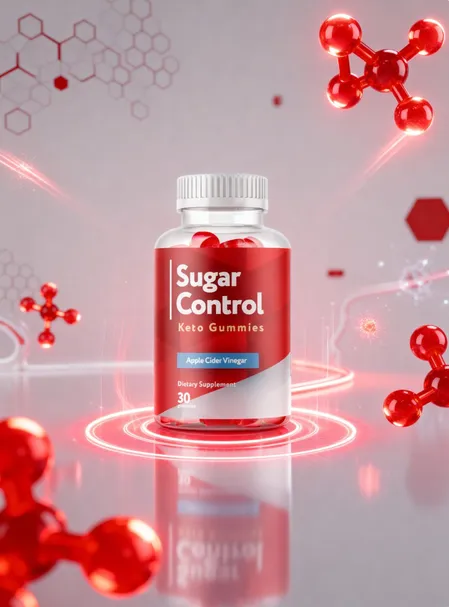 A clear bottle of Sugar Control Keto Gummies with Apple Cider Vinegar dietary supplement on a reflective surface, surrounded by glowing red rings and floating molecular structures.