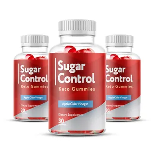 'Three clear plastic bottles filled with red Sugar Control Keto Gummies arranged in a triangle formation against a solid white background.'